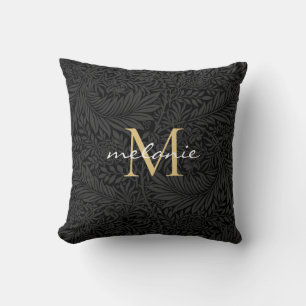Elegant Black Gold Floral Script Monogram Cushion