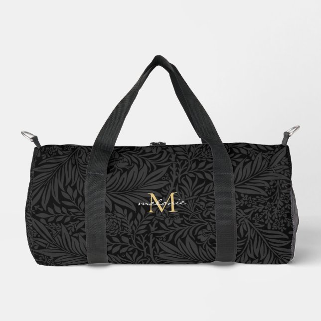 Elegant Black Gold Floral Script Monogram Duffle Bag (Front)