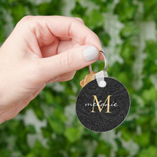 Elegant Black Gold Floral Script Monogram Key Ring