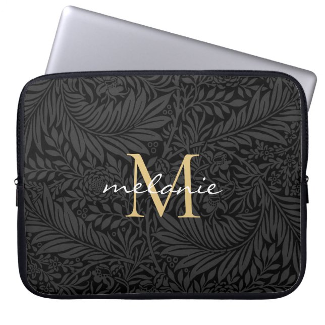 Elegant Black Gold Floral Script Monogram Laptop Sleeve (Front)