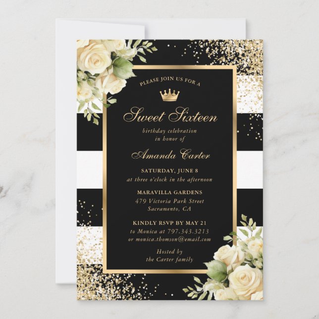 Elegant Black Gold Floral Sweet Sixteen Birthday Invitation (Front)