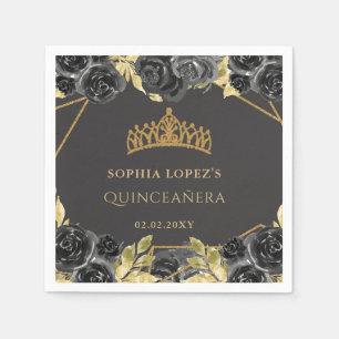 Elegant Black Gold Floral Tiara Quinceanera Napkin