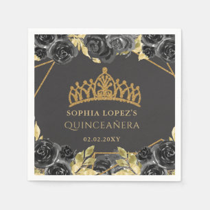 Elegant Black Gold Floral Tiara Quinceanera  Napkin