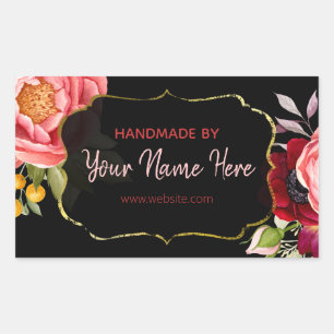 Elegant Black Gold Floral Watercolor Handmade Rectangular Sticker