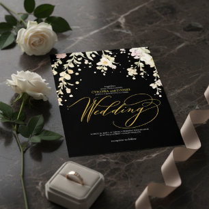 Elegant Black & Gold Floral Watercolor Wedding Invitation