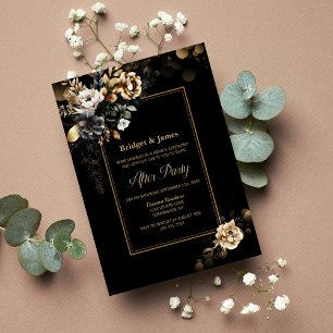 Elegant Black Gold Floral Wedding After Party Invitation