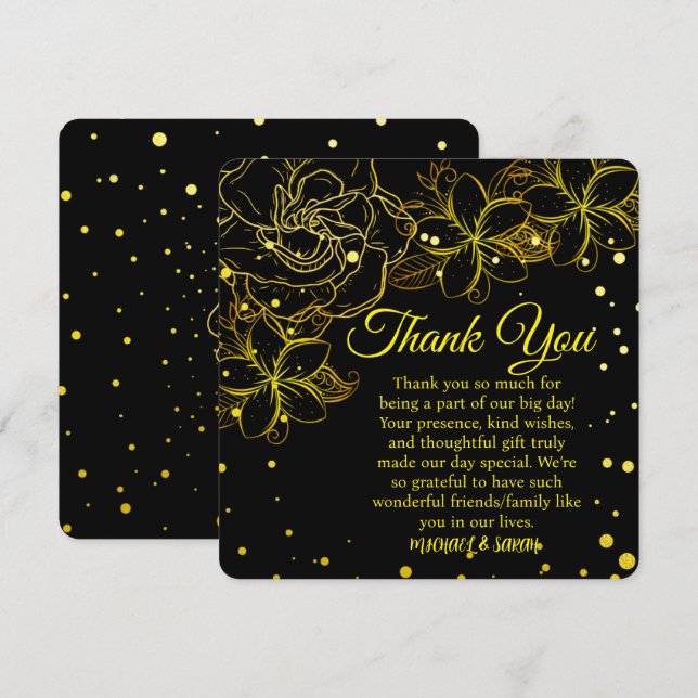 Elegant Black & Gold Floral Wedding Anniversary  Thank You Card (Front/Back)