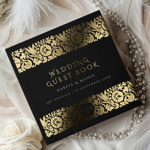 Elegant Black Gold Floral Wedding Guest Book