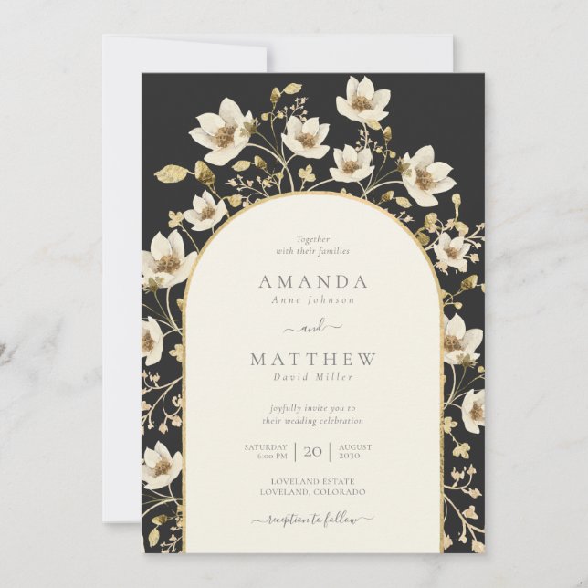 Elegant Black Gold Floral Wedding Invitation (Front)