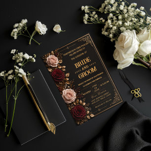Elegant Black & Gold Floral Wedding Invitation