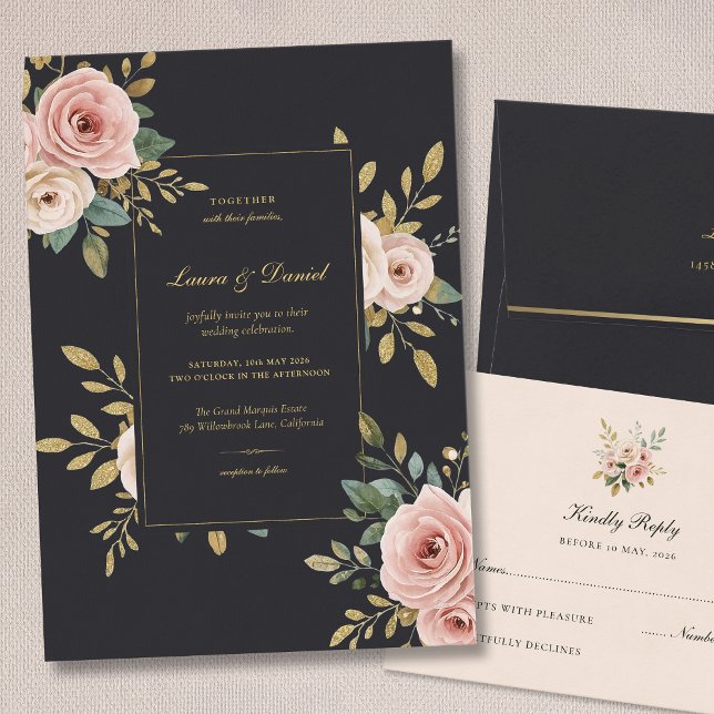 Elegant Black & Gold Floral Wedding Invitation (Creator Uploaded)