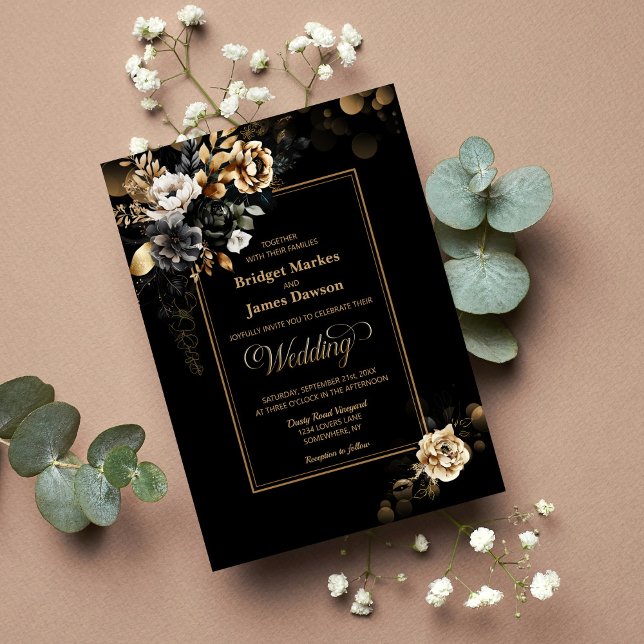 Elegant Black Gold Floral Wedding Invitation (Creator Uploaded)