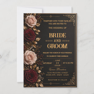 Elegant Black & Gold Floral Wedding Invitation