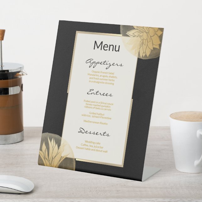 Elegant Black Gold Floral Wedding Menu  Pedestal Sign (In SItu)
