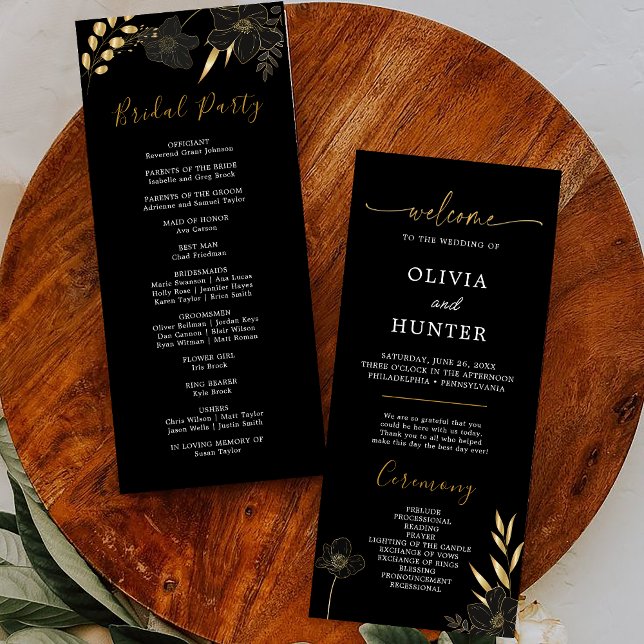Elegant Black & Gold Floral Wedding Party Program Programme (Creator Uploaded)