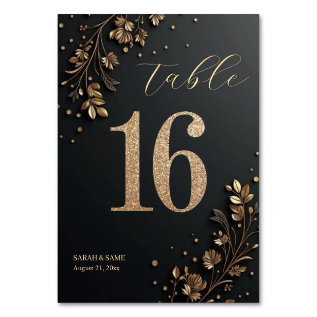 Elegant Black Gold Floral Wedding Table Card (Front)