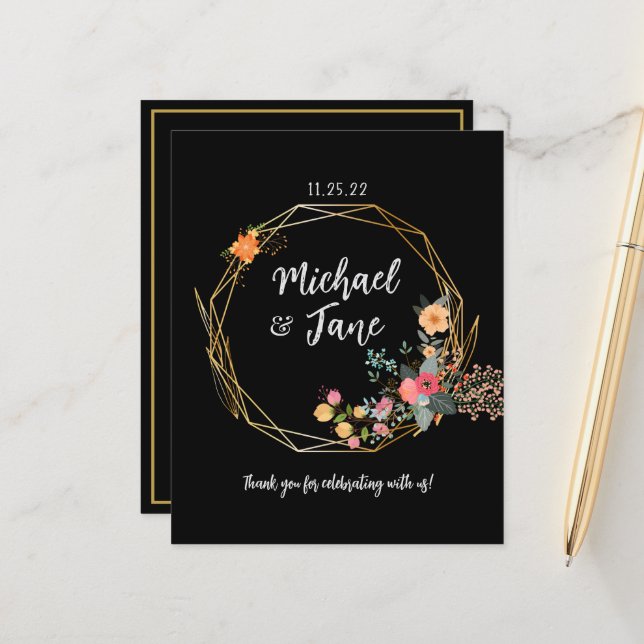 Elegant Black Gold Floral Wedding Thank You Card (Front/Back In Situ)