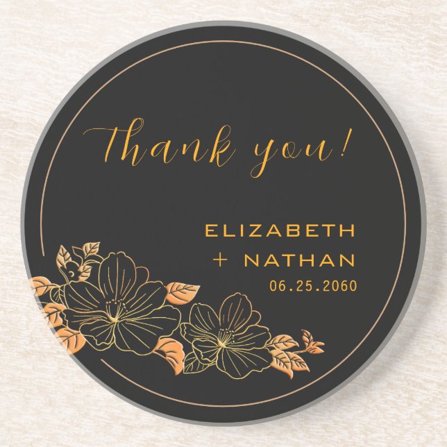 Elegant Black Gold Floral Wedding Thank You Gift Coaster (Front)