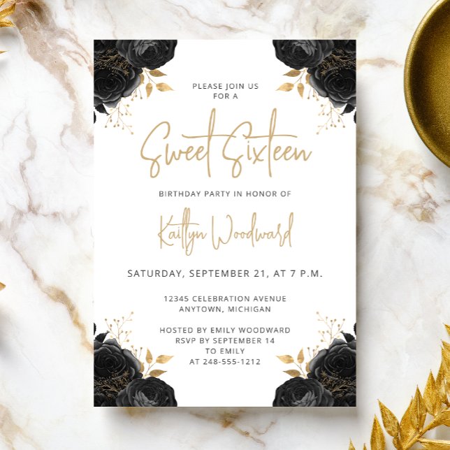 Elegant Black Gold Floral White Sweet 16 Party Invitation (Creator Uploaded)