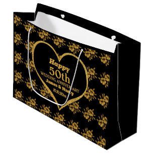 Elegant Black Gold Flower 50th Wedding Anniversary Large Gift Bag