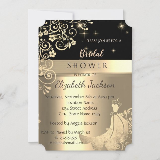 Elegant  Black, Gold Flowers Dress Bridal Shower Invitation (Front)