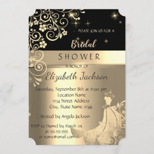 Elegant  Black, Gold Flowers Dress Bridal Shower Invitation