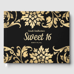 Elegant Black Gold Flowers Sweet 16 Birthday Guest Book