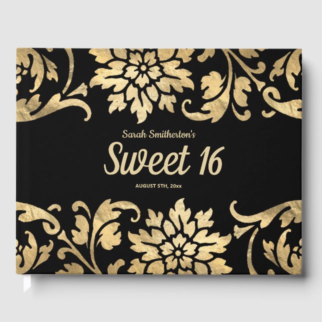 Elegant Black Gold Flowers Sweet 16 Birthday Guest Book (Front)
