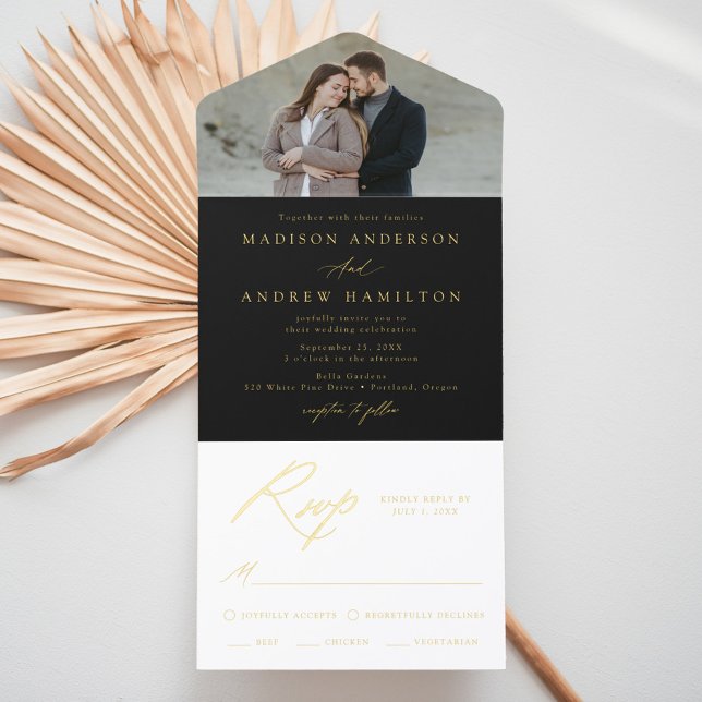 Elegant Black Gold Foil Calligraphy Photo Wedding All In One Invitation (Creator Uploaded)