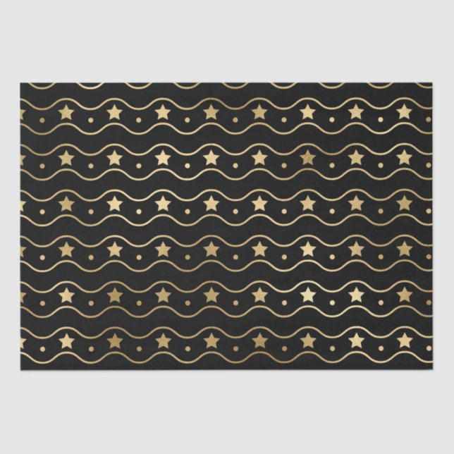 Elegant Black & Gold Foil Christmas Stars & Waves Tissue Paper (Front)