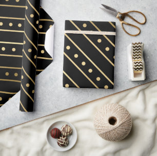 Elegant Black & Gold Foil Christmas Stripes & Dots Wrapping Paper
