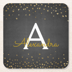 Elegant Black - Gold Foil Confetti Monogram Square Paper Coaster