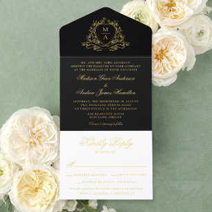 Elegant Black Gold Foil Crest Monogram Wedding  All In One Invitation