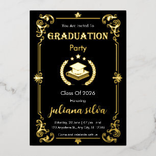 Elegant Black & Gold Foil Graduation Invitation
