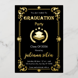 Elegant Black & Gold Foil Graduation Invitation