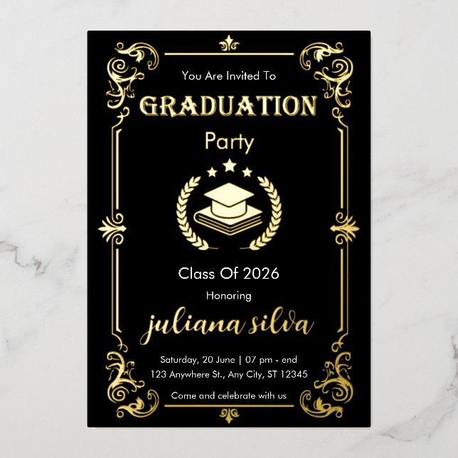 Elegant Black & Gold Foil Graduation Invitation (Front)