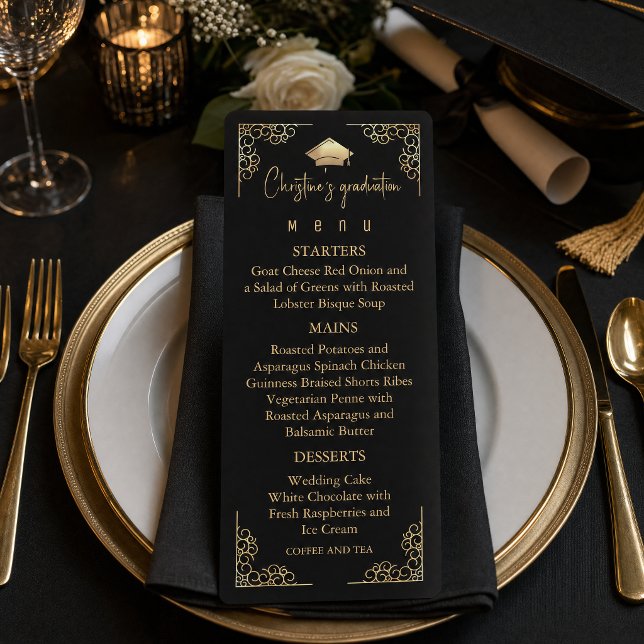 Elegant Black Gold foil Graduation Menu (#menuinvitation #graduationcap #graduationinvitation #graduationparty #blackgoldinvitation)