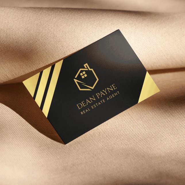 Elegant Black & Gold Foil Home Logo Real Estate  Business Card (Creator Uploaded)