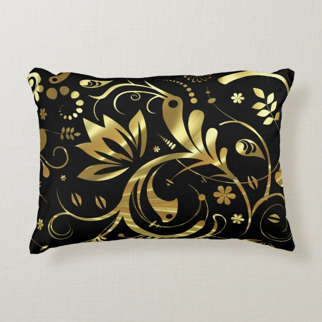 Elegant Black & Gold Foil Look Floral Damasks Decorative Cushion (Front)