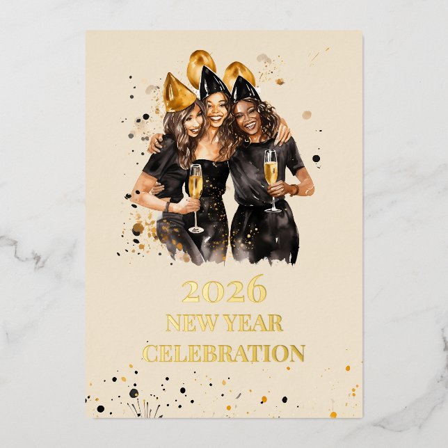 Elegant Black & Gold Foil New Year Invitation (Front)