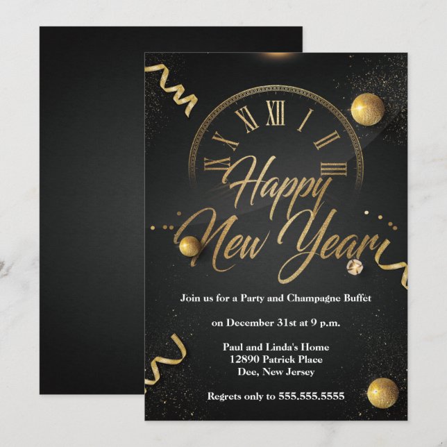 Elegant Black & Gold Foil New Years Eve Party Invitation (Front/Back)