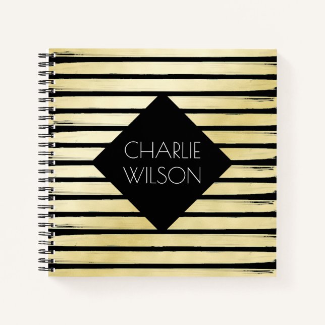 Elegant black gold foil paint striped with frame notebook (Front)