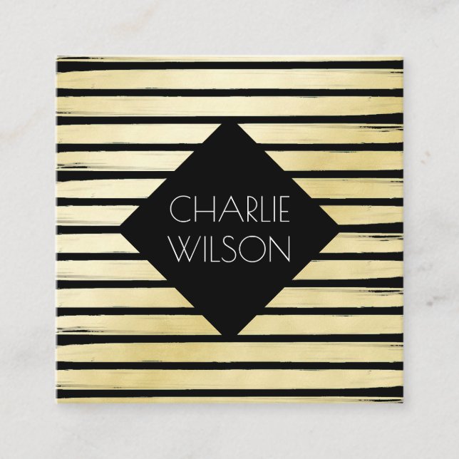 Elegant black gold foil paint striped with frame square business card (Front)