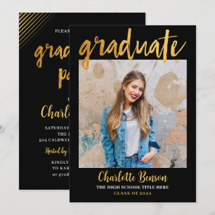 Elegant Black Gold Foil Photo Graduation Party Invitation