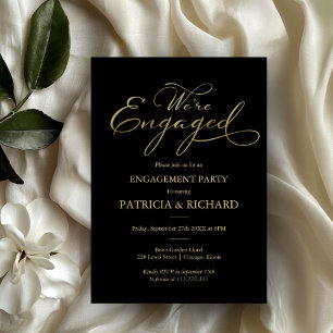 Elegant Black Gold Foil Script Engagement Party Invitation