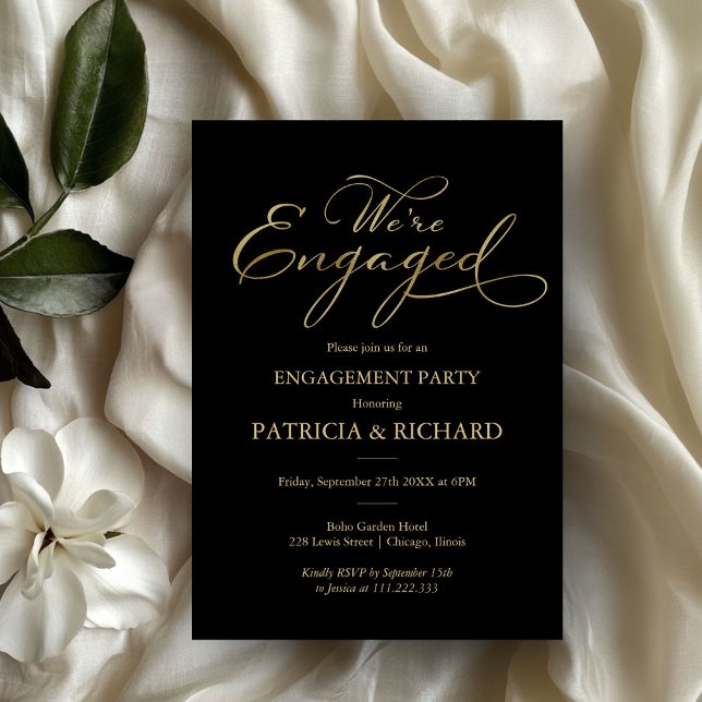 Elegant Black Gold Foil Script Engagement Party Invitation (Creator Uploaded)