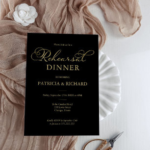 Elegant Black Gold Foil Script Rehearsal Dinner Invitation