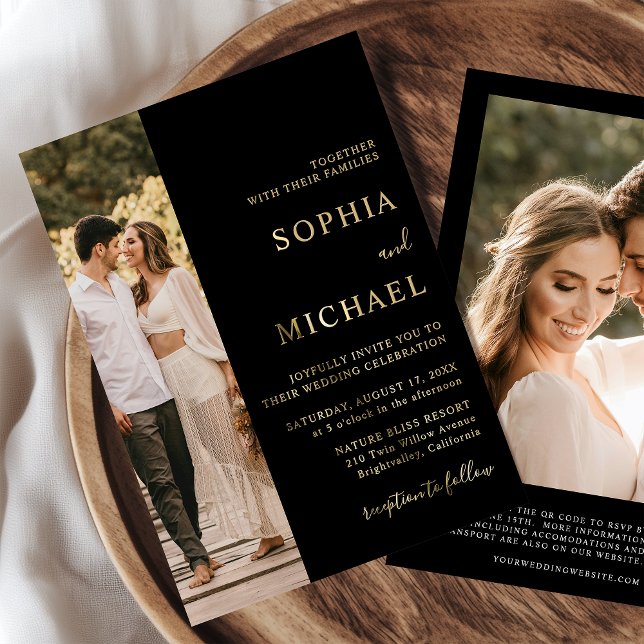 Elegant Black Gold Foil Two Photo QR Code Wedding (Creator Uploaded)