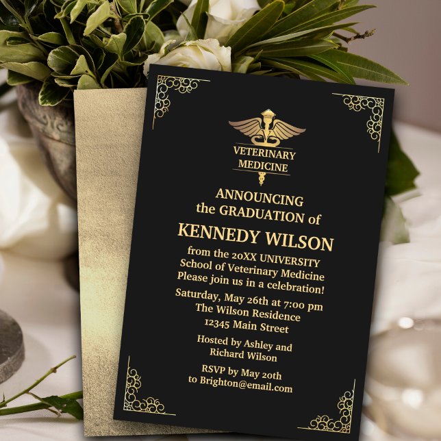 Elegant Black Gold foil Veterinary Medicine  Invitation (Elegant Black Gold foil Veterinary Medicine Graduation#classof2024 #vintagestyle)