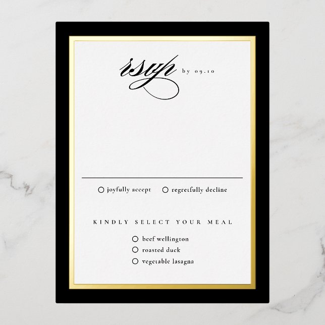 Elegant Black Gold Foil Wedding RSVP Cards (Front)